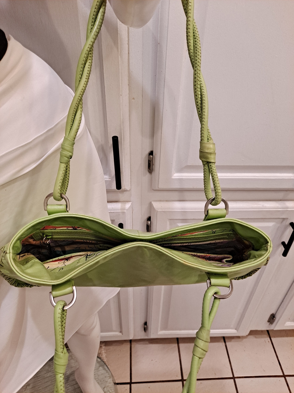 Sigrid Olsen Light Green Leather Braided Handles Stitched Vtg Y2k Vibrant Liner - Picture 10 of 16
